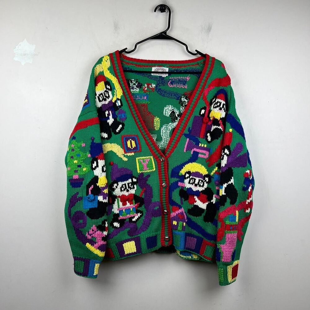 Vintage 90s Traditional Trading Co. Hand Knit Christmas Pandas Cardigan Size M
